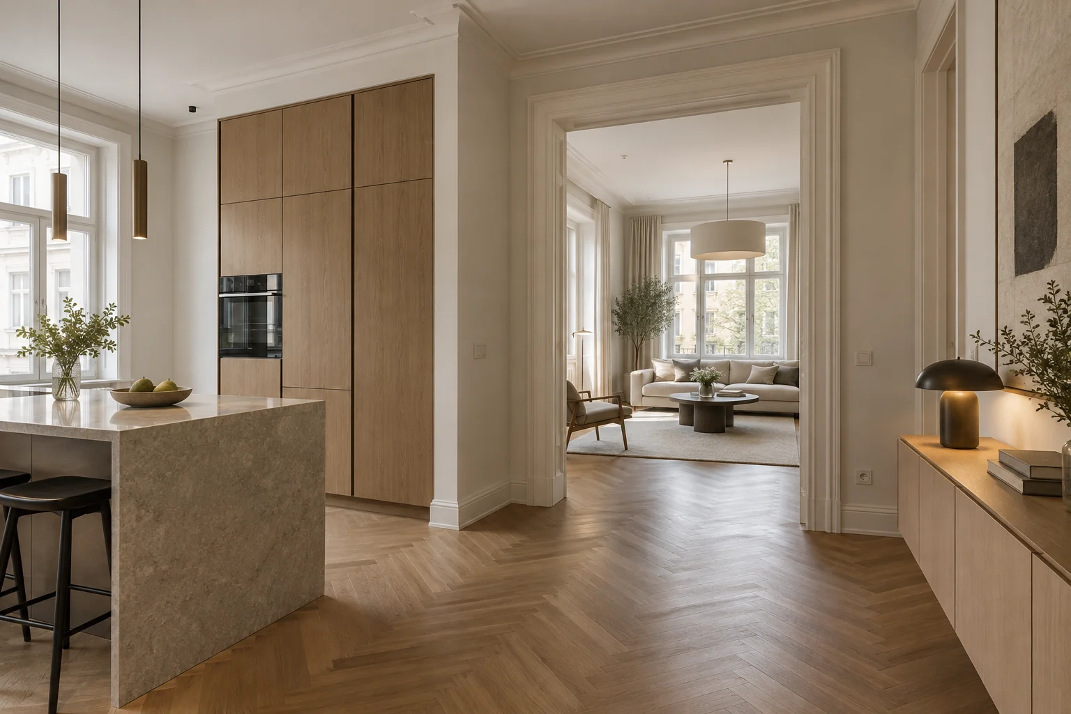 Visualisierung einer sanierten Wohnung mit offener Küche und Wohnbereich